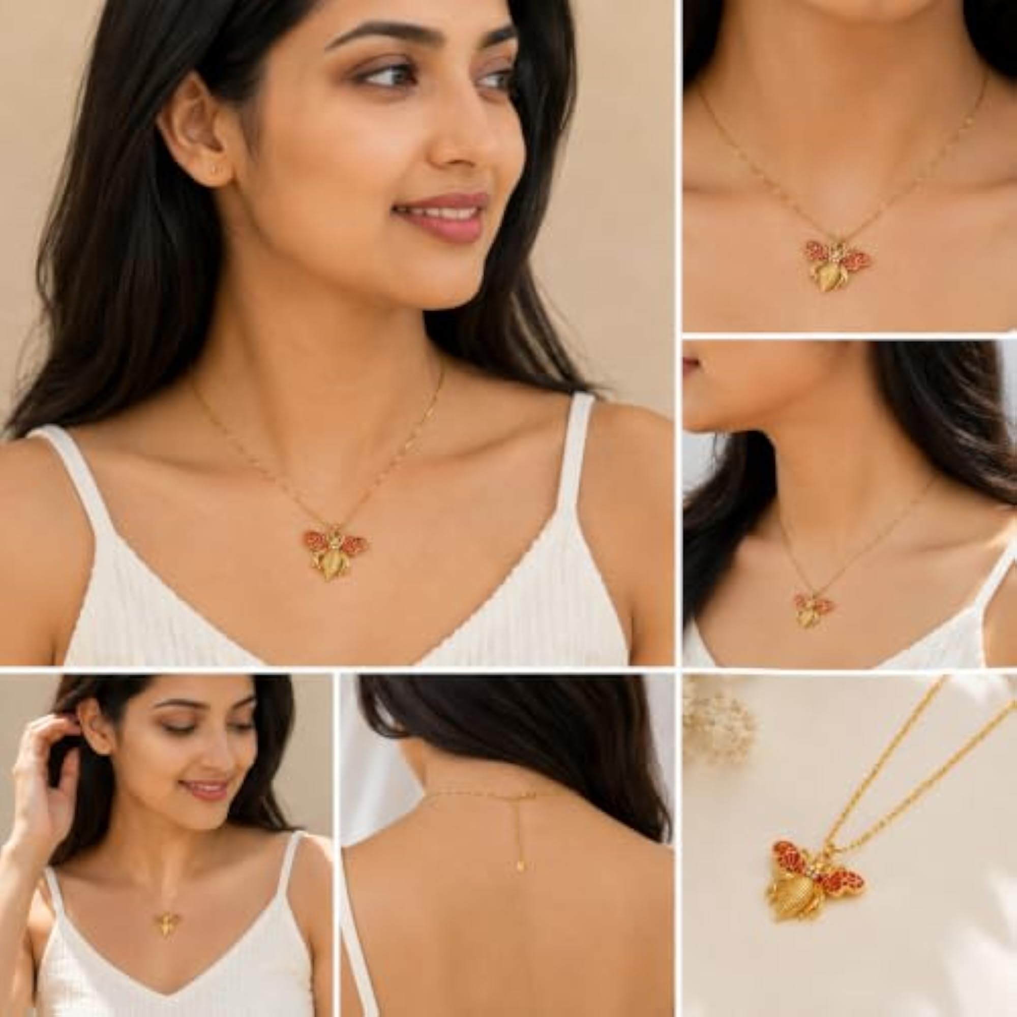 Women's Gold Tone Bee Pendant Necklace with Red Enamel Wings